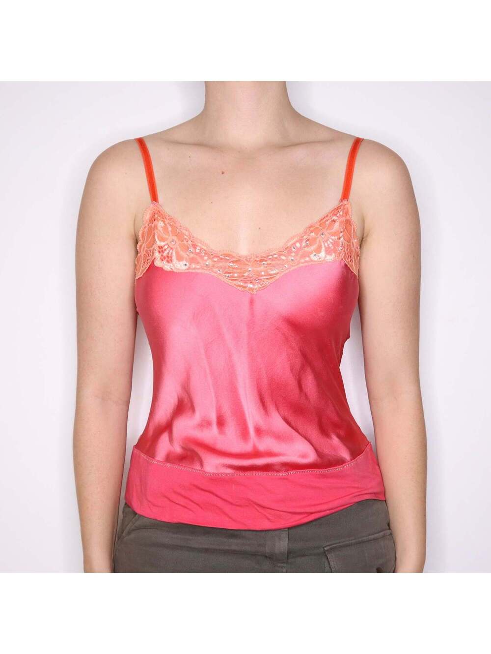 Y2K Italian Pink Silk Orange Lace Camisole (S)